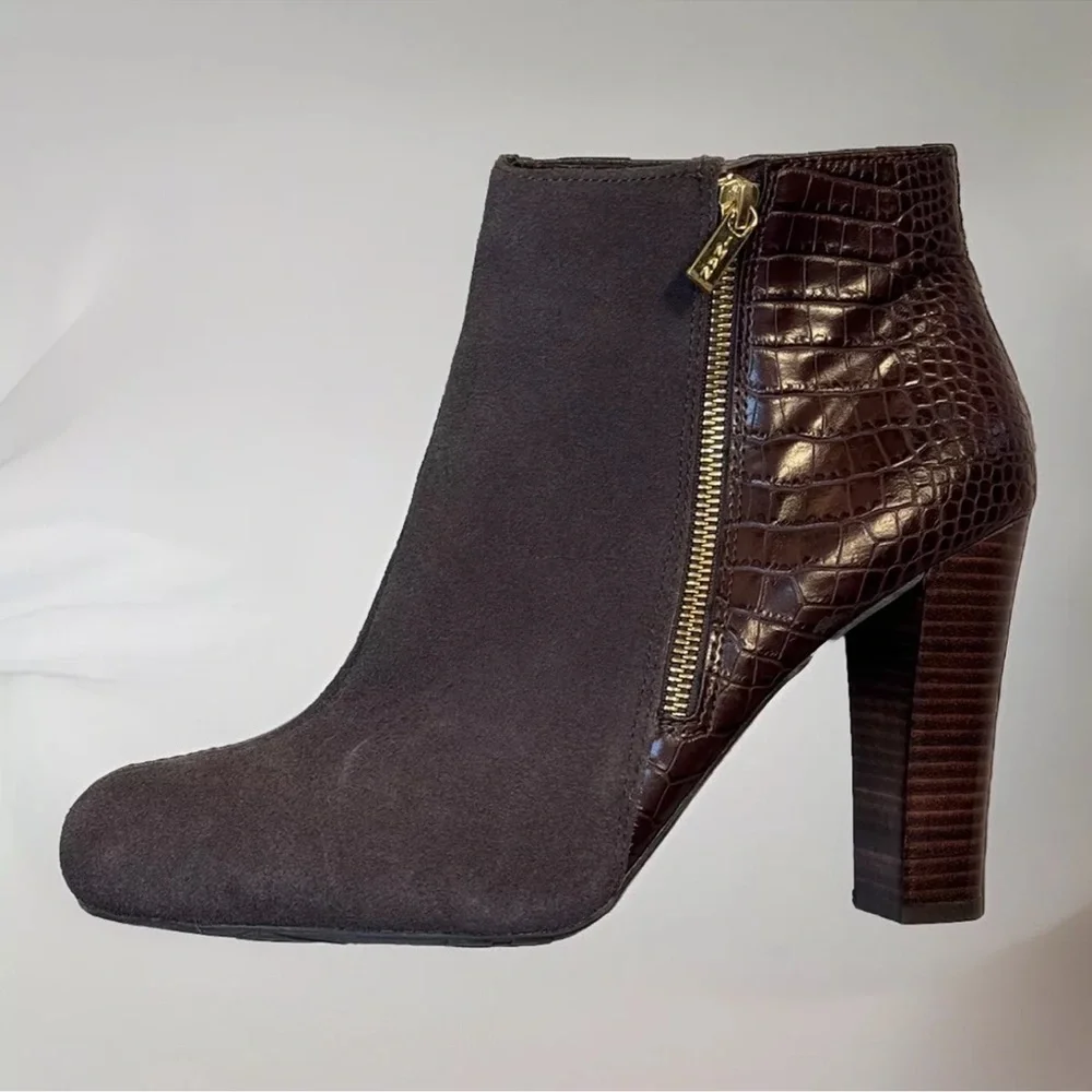 Iman Brown Boots Sz 10 Zip Up 4'' High Heel Ankle Reptile Bootie Party Office